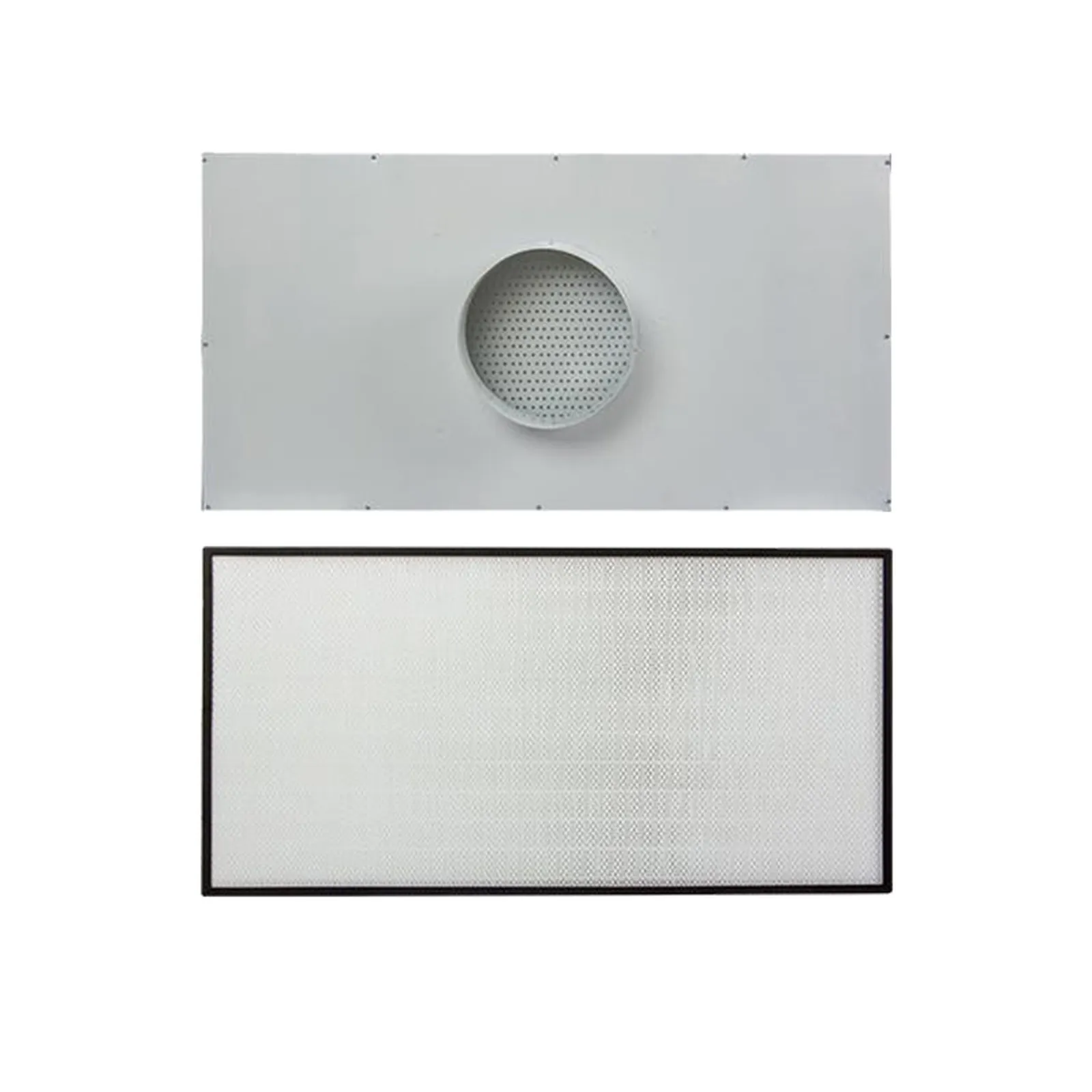 Square HEPA terminal housing with a perforated outlet face, photographed on a white background.