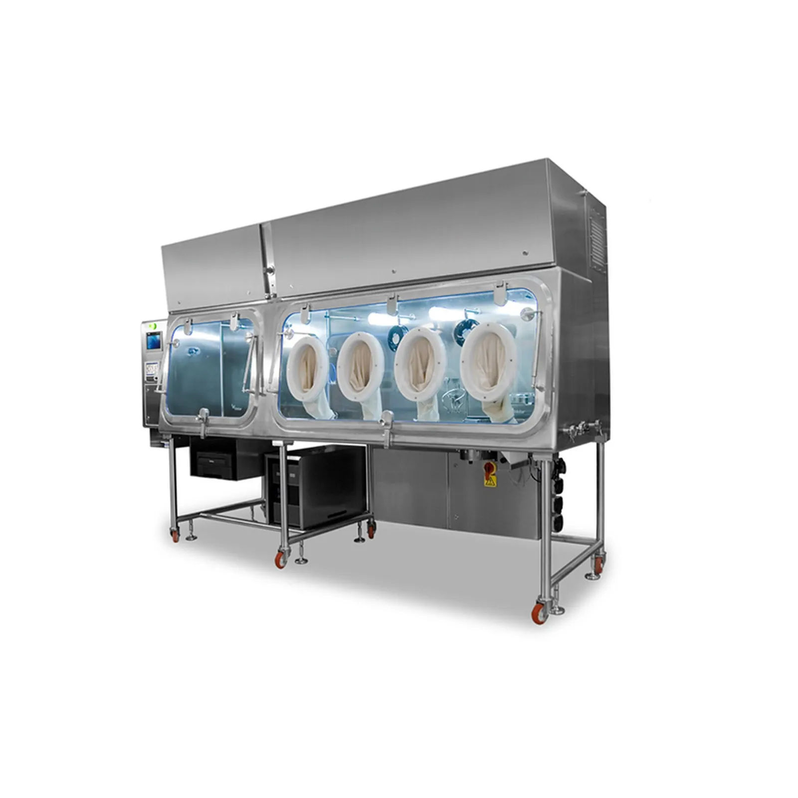 Wide isolator with several glove ports and a transfer section, photographed on a white background.