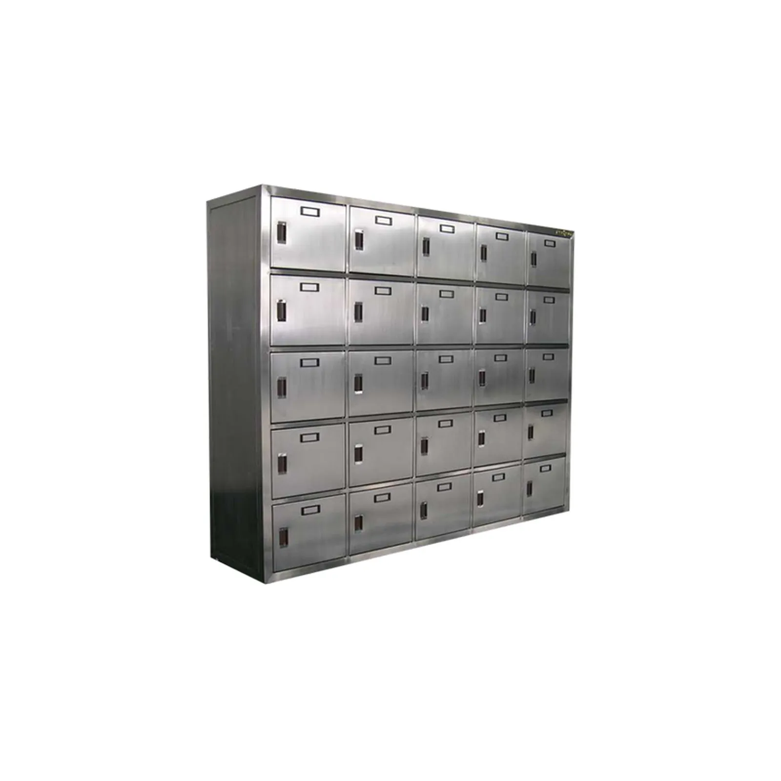 Tall stainless steel wardrobe with solid doors, photographed on a white background.