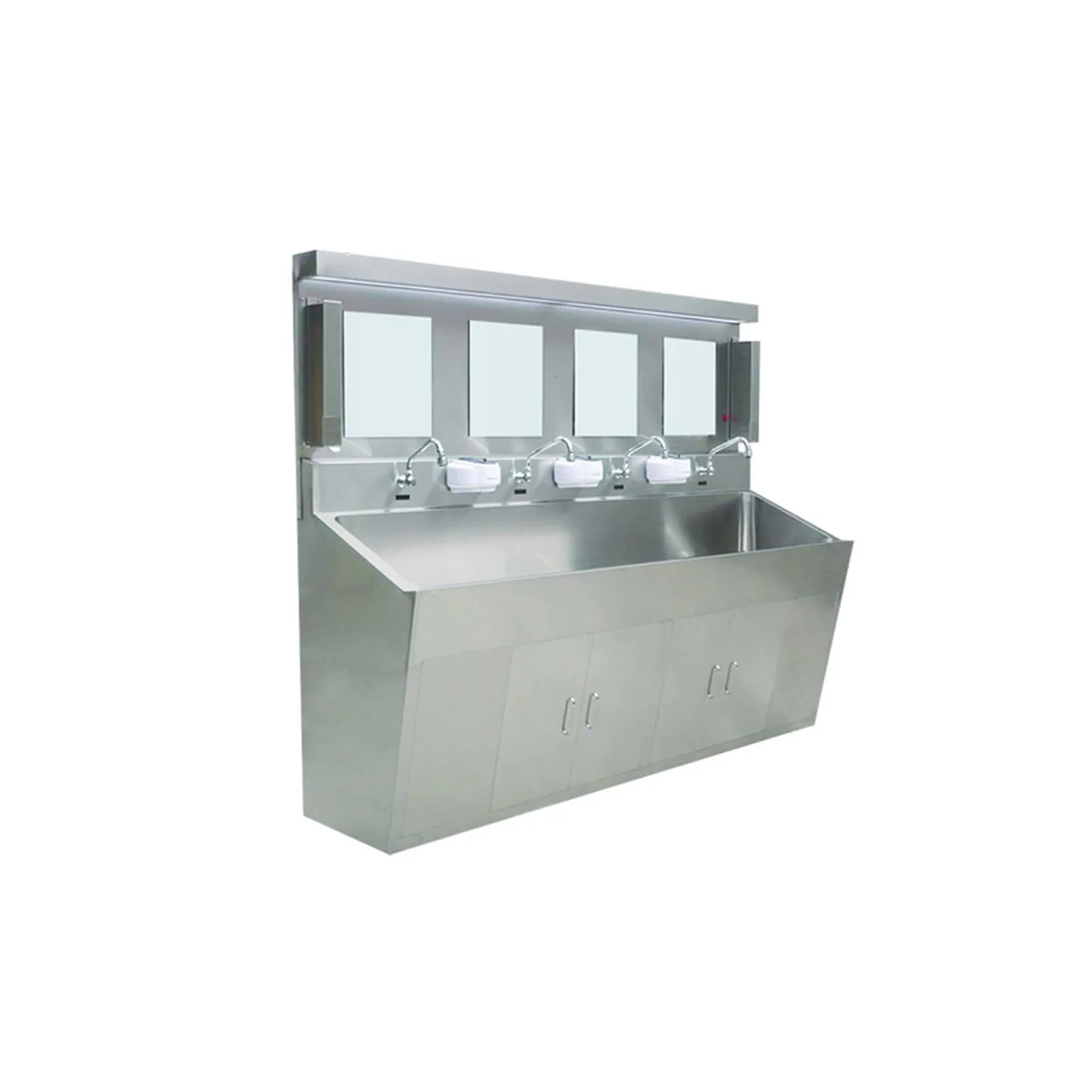 Stainless steel sink with taps and a backsplash, photographed on a white background.