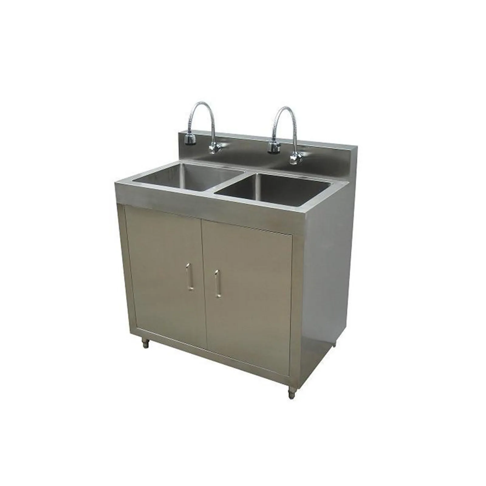 Stainless steel double sink, photographed on a white background.